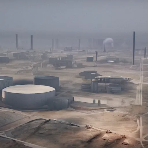 Image similar to an aerial view of an abandoned industrial terrain with giant nuclear plants and cooling towers, night time, shot from the blade runner 2049 movie, moody, dark, foggy