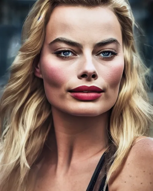 Image similar to Beautiful Head and shoulders portrait of confident flirty margot robbie with straight long blonde hair, by Zoë Mozert , alberto Vargas, arney freytag, artstation, 35mm, fashion photoshoot, posing in an urban street, fashion pose, octane, 4k