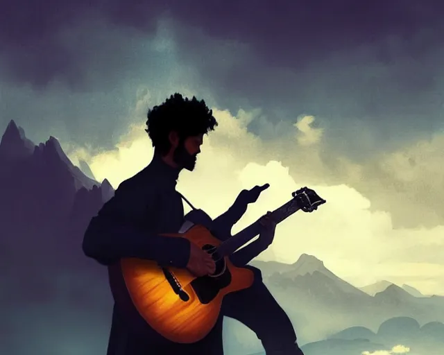 Image similar to A silhouette figure of a man with a guitar heavy mist, clouds that look like mountains deep blue dark, bright sunshine sun, deep focus, D&D, fantasy, intricate, elegant, highly detailed, digital painting, artstation, concept art, matte, sharp focus, illustration, hearthstone, art by Artgerm and Greg Rutkowski and Alphonse Mucha