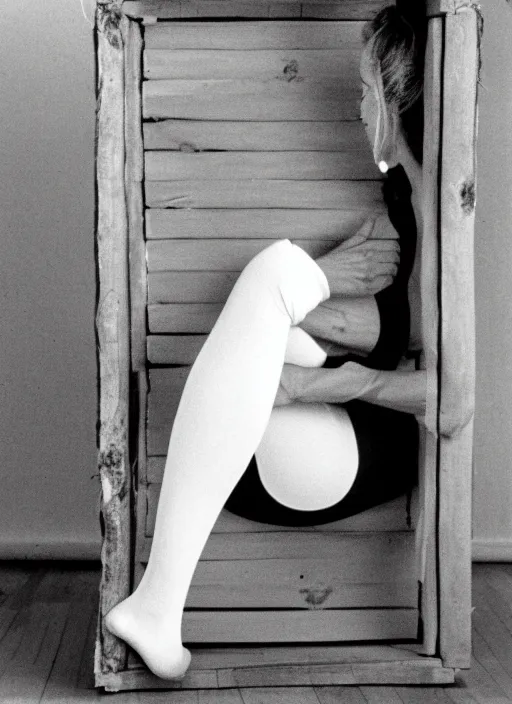 Image similar to realistic photo of a common person in white tights sitting in yoga pose in a wooden box filled with brushwood 1 9 9 0, life magazine reportage photo,