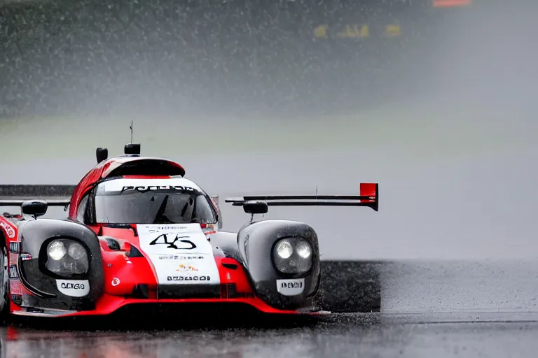 Image similar to beautiful, japanese art of the porsche 9 1 9 in heavy rain at circuit de spa - francorchamps, 8 k