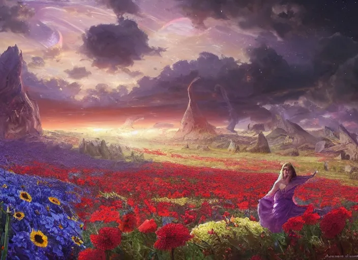 Prompt: what was once a bloody battlefield is now a flower field in the cosmic sky by vladimir volegov and alexander averin and peder mørk mønsted and adrian smith and raphael lacoste