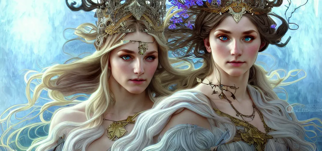 Image similar to a beautiful nordic goddess fighting a sasquatch, beautiful detailed eyes, cute, fantasy, intricate, elegant, highly detailed, digital painting, 4 k, hdr, concept art, detailed jewelry, smooth, sharp focus, illustration, art by artgerm, da vinci and alphonse mucha