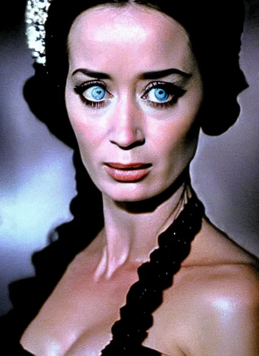 Image similar to 1973 film still from an Italian romance drama film of beautiful Emily Blunt as the goddess of black ice. staring intently at you. focused on her eyes. ultra detailed painting at 16K resolution and amazingly epic visuals. epically beautiful image. amazing effect, image looks gorgeously crisp as far as it's visual fidelity goes, absolutely outstanding. vivid clarity. ultra. iridescent. mind-breaking. mega-beautiful pencil shadowing. beautiful face. Ultra High Definition. godly shading. amazingly crisp sharpness. photorealistic film cel processed twice..