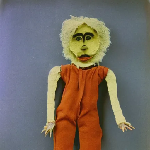 Image similar to a puppet made of human hair, old photo, expired color film, damaged photo, 1975