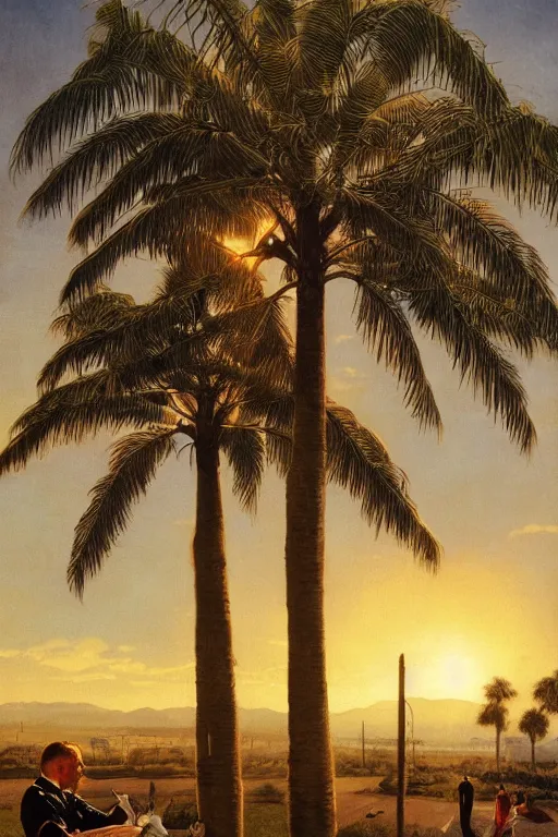 Image similar to Grey Alien, golden hour, next to a dairy farm, palm trees, artstation, by J. C. Leyendecker and Peter Paul Rubens, - 12p