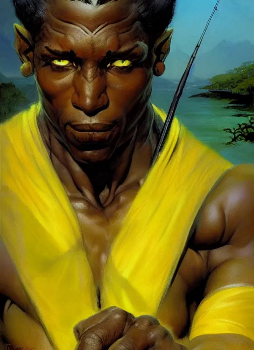 Prompt: magic : the gathering fantasy character concept art by frank frazetta and marco bucci, high resolution. a clear portrait of an athletic male jamaican, wearing yellow green calico clothing, holding a fishing rod, shores of jamaica in the background, symmetry, fantasy coloring, intricate, 8 k, digital painting, artstation, smooth, sharp focus