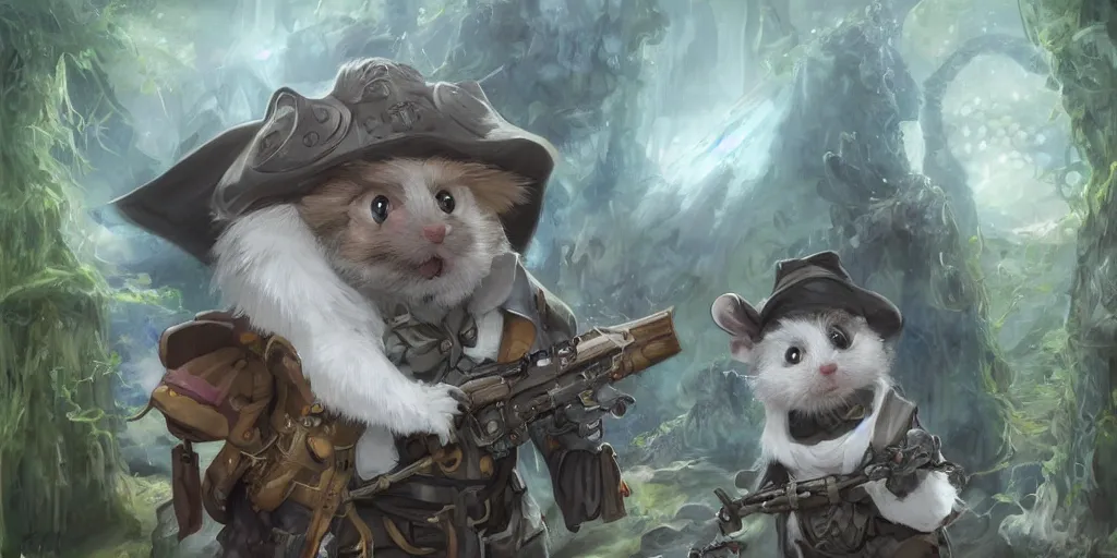 Image similar to dungeons and dragons fantasy painting, portrait of an roborovski dwarf hamster in a suit and tie with a rifle, whimsical and cute, determined expression, watery eyes, anime inspired by krenz cushart, light grey fur, tufty whiskers, bamboo forest, dawn lighting, by brian froud jessica rossier and greg rutkowski