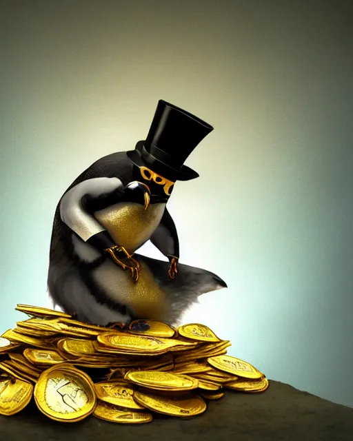 Image similar to oil painting of steampunk penguin wearing top hat sitting on pile of gold, full body, sharp focus, fantasy style, pile of gold coins on the ground, golden steampunk treasury background, octane render, volumetric lighting, 8k high definition, by greg rutkowski, highly detailed, trending on art Station