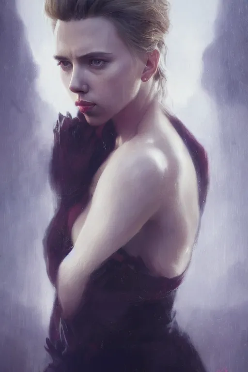 Image similar to a fancy portrait of a Scarlett Johansson with an intense look in her eyes by Greg Rutkowski, Sung Choi, Mitchell Mohrhauser, Maciej Kuciara, Johnson Ting, Maxim Verehin, Peter Konig, final fantasy , mythical, 8k photorealistic, cinematic lighting, HD, high details, atmospheric,