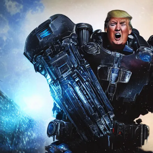 Image similar to portrat of donald trump! as optimus prime in ( gears of war ), transformers, splash art, maga!, patriot!, movie still, detailed face, photorealistic facial features, cinematic lighting, dramatic, octane render, long lens, shallow depth of field, bokeh, anamorphic lens flare, 8 k, hyper detailed, 3 5 mm film grain