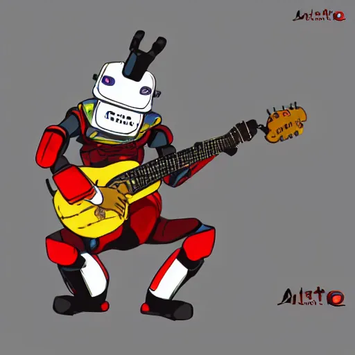Image similar to A cell animation of a samurai robot playing guitar, Miyazaki Hayao, ghibli style, Illustration, anime, trending on artstation