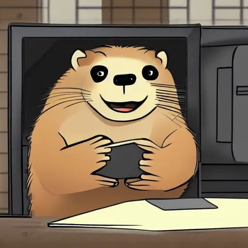 Image similar to concept art of A groundhog is working on a computer in anime style