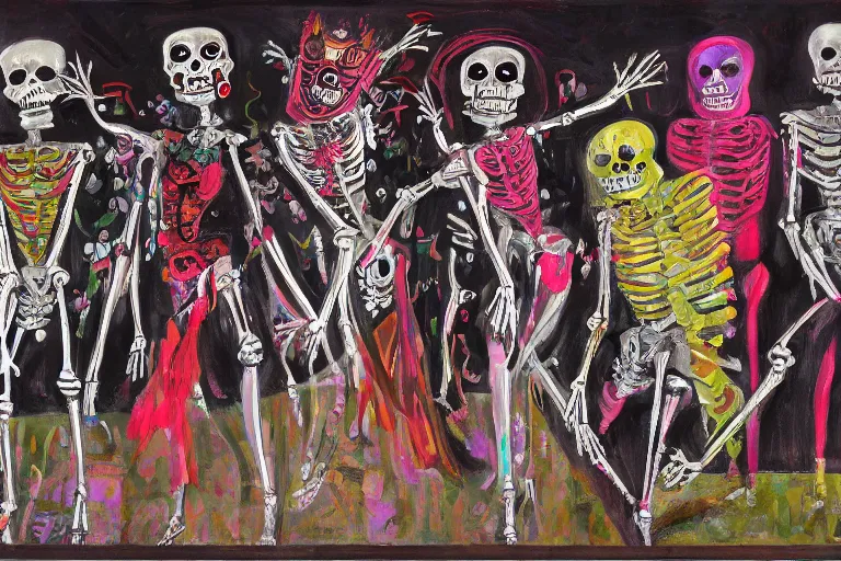 Image similar to scene from ballet, day of the dead, cyber skeletons, queen in black silk in the center, neon painting by otto dix