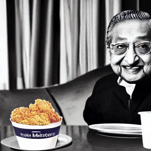 Prompt: Tun Mahathir mohammad eating a bucket of KFC , photorealistic 8k