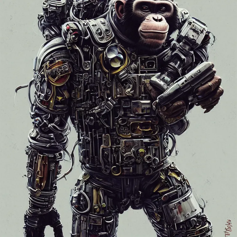 Prompt: a portrait of a muscular anthropomorphic cyberpunk chimp in spacesuit armor with ensignia on chest plate by sandra chevrier, by jon foster, detailed render, pistol in holster, extremely hyperdetailed, tape deck, epic composition, cybernetics, 4 k realistic, cryengine, realistic shaded lighting, sharp focus, masterpiece, by enki bilal
