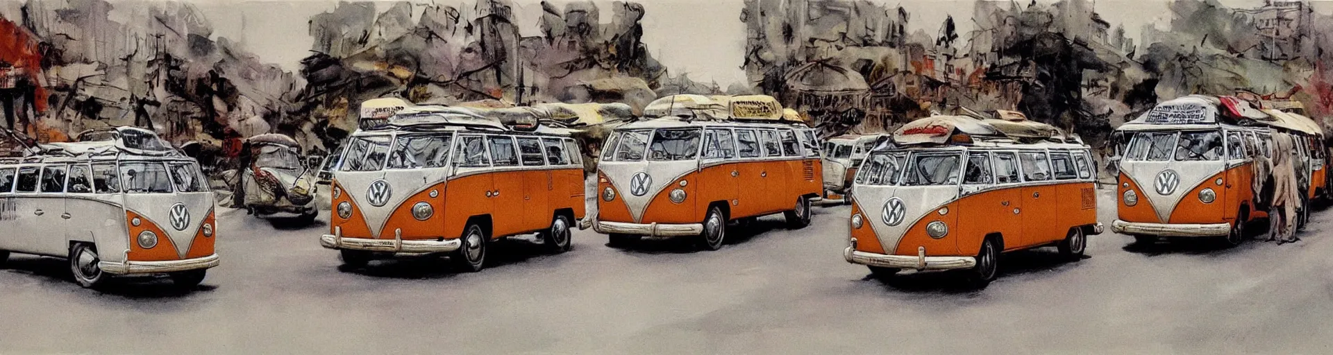 Image similar to a detailed vw buses racing in the street by frank frazetta
