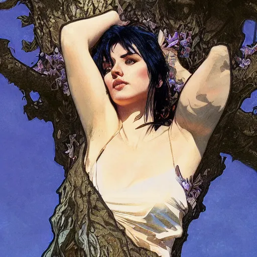 Image similar to study of a woman resting on a large tree, short black hair, decorative dark blue clothing, sharp focus, ultra realistic illustration, colorful, cinematic lighting, high fantasy, intricate, highly detailed, smooth, elegant, artgerm, greg rutkowski, alphonse mucha magali villeneuve