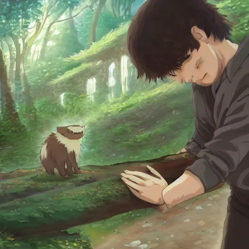 Image similar to friendly guy and small creature , with Fragile looking character portrait face made in Ghibli artstyle ,highly detailed art, beautiful scene, sharp focus, smooth, 8k, anime art,