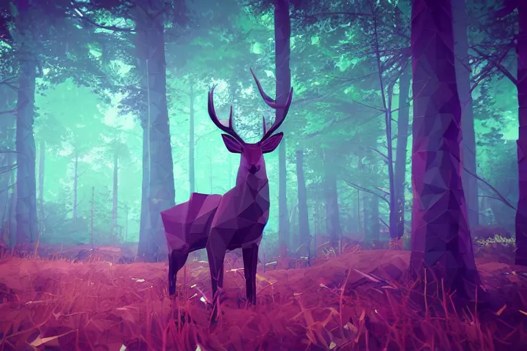 Prompt: lowpoly art of red deer in an undergrowth, unreal engine, retrowave color palette, 3 d render, lowpoly, colorful, digital art, perspective