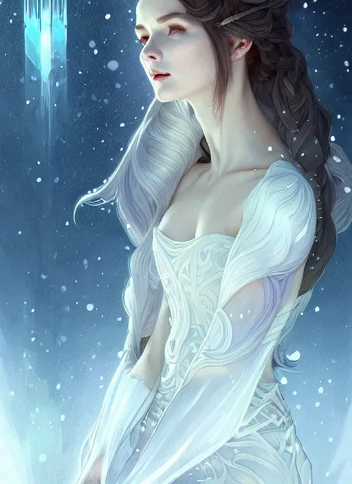 Image similar to a beautiful cinematic female winter goddess, cristal dress, ice wing, galatic shamen with quantum energy fantasy, fantasy magic, undercut hairstyle, dark light night, intricate, elegant, sharp focus, illustration, highly detailed, digital painting, concept art, matte, art by wlop and artgerm and greg rutkowski and alphonse mucha, masterpiece