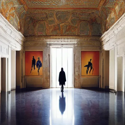 Image similar to Batman standing in giant Italian modern castle living room, clean minimalist design, that is 1300 feet tall, with very tall giant walls filled with modern art paintings, doors that are cosmic portals, photo by Annie Leibovitz