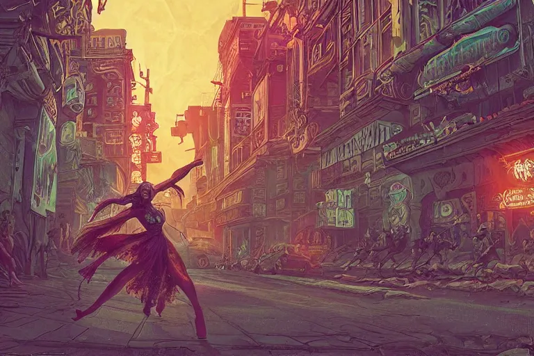 Prompt: a young woman in a rococo dress as shaman dancing in with spirits in ornate cyberpunk city street, 2am, by Chiara Bautisya, annihilation movie blade runner movie, Prometheus movie in style of Laurie Greasley, Jen Bartel, Background by Tarmo Juhola, kowloon, cinematography Roger Deakins,