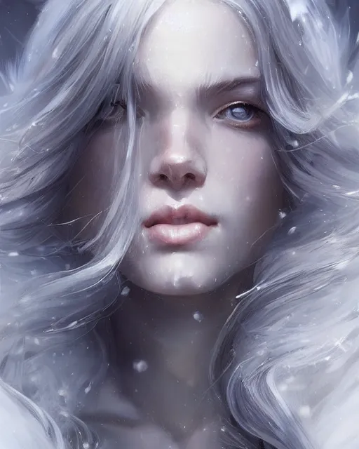 Image similar to portrait of a beautiful snow goddess, flowy white grey hair, grey eyes, cinematic lighting, highly detailed, digital painting, trending on artstation, pixiv, concept art, sharp focus, illustration, art by ross tran and wlop