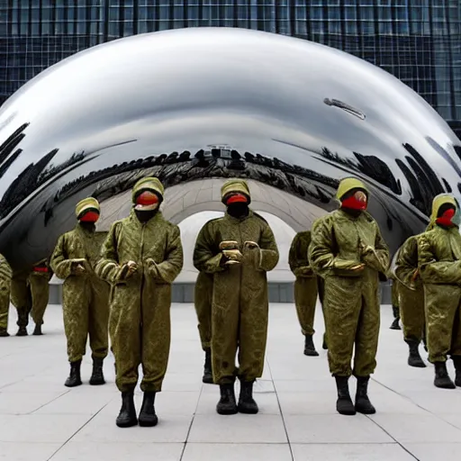 Image similar to chinese soldiers in hazmat suits carrying machine guns, detailed faces, cloud gate chicago, grey skies