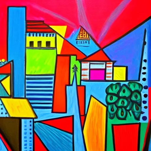 Prompt: colorful painting of nashville skyline in style of picasso