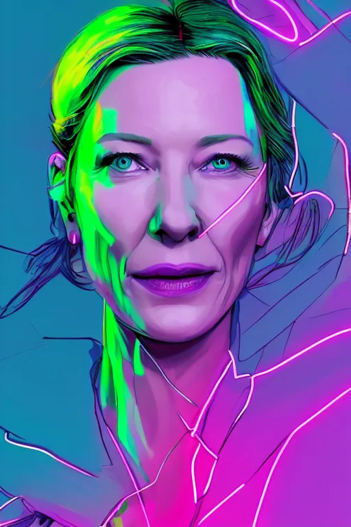 Image similar to cate blanchett ,neon colors, strong lighting, by Josan Gonzalez, HD, 4K