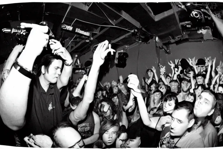 Image similar to elvis presley grindcore show, basement, fisheye lens, san diego 2002