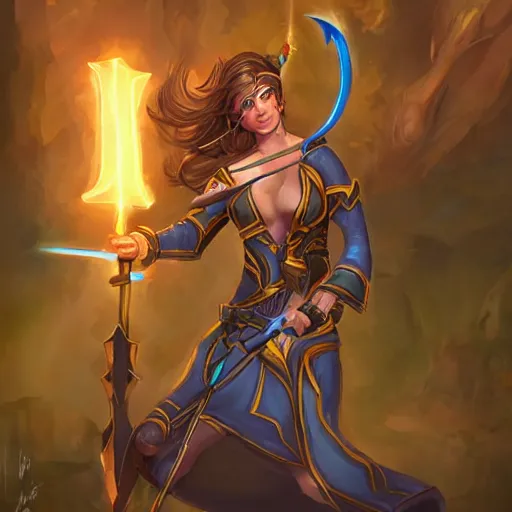 Image similar to beautiful female archer, yellow lighting, emma waston face, in hearthstone art style, epic fantasy style art, fantasy epic digital art, epic fantasy card game art