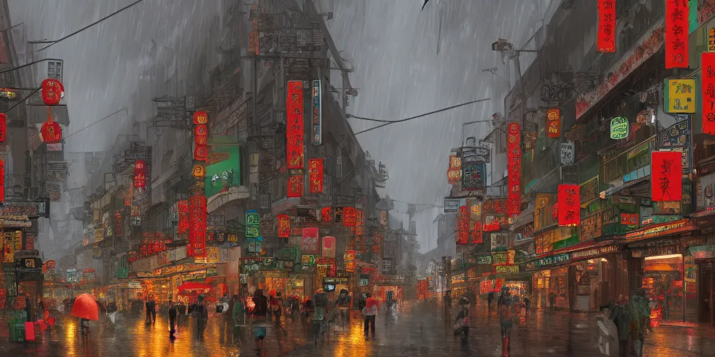 Prompt: an environmental concept art of a busy street in chinatown, rainy, highly detailed by francis tneh