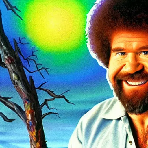Image similar to bob ross as the worlds strongest man, high detail, vivid colors, happy little trees,