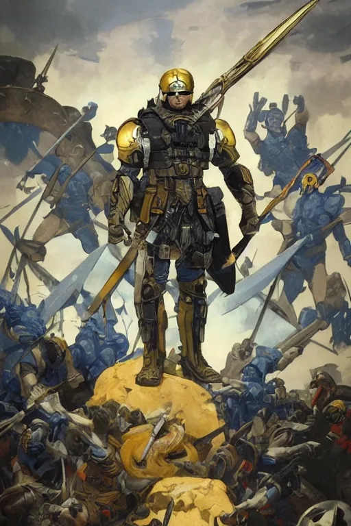 Prompt: A modern super soldier with a trident coat of armor and blue and yellow flag behind him is standing on a pile of skulls with Z character on foreheads, D&D, fantasy, painted character portrait, highly detailed, digital painting, artstation, concept art, sharp focus, illustration, art by artgerm and greg rutkowski and alphonse mucha