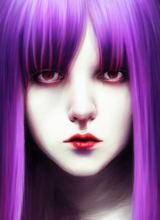 Image similar to hair whitebangs hair, black hair, whitebangs, portrait of teenage girl with white bangs, red irises, purple clothes, white bangs, bangs are different color from hair, intricate, elegant, glowing lights, highly detailed, digital painting, artstation, concept art, smooth, sharp focus, illustration, art by wlop, mars ravelo and greg rutkowski