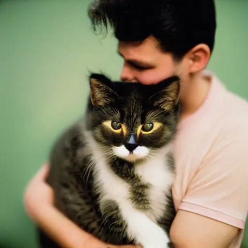 Prompt: man kissing a cute cat, kodak portra 4 0 0 color negative film