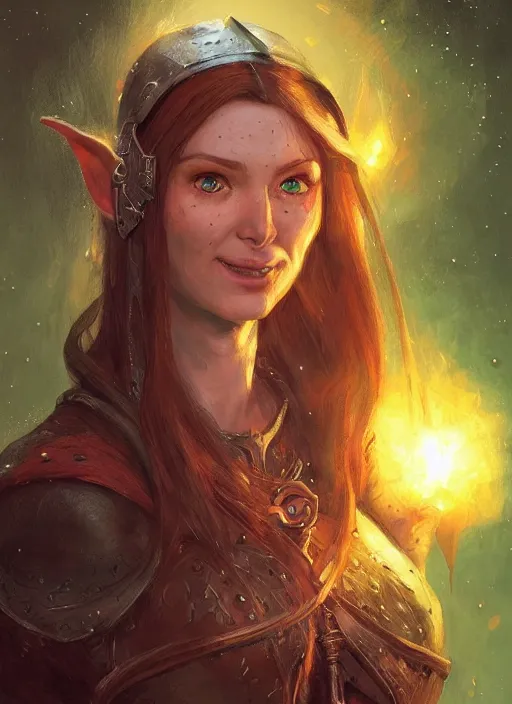Prompt: portrait of a female elf warlock, long pointy ears, glowing green eyes, bushy red hair, freckles, smiling + medieval setting, detailed face, highly detailed, digital painting, artstation, concept art, sharp focus, illustration, art by greg rutkowski and artgerm