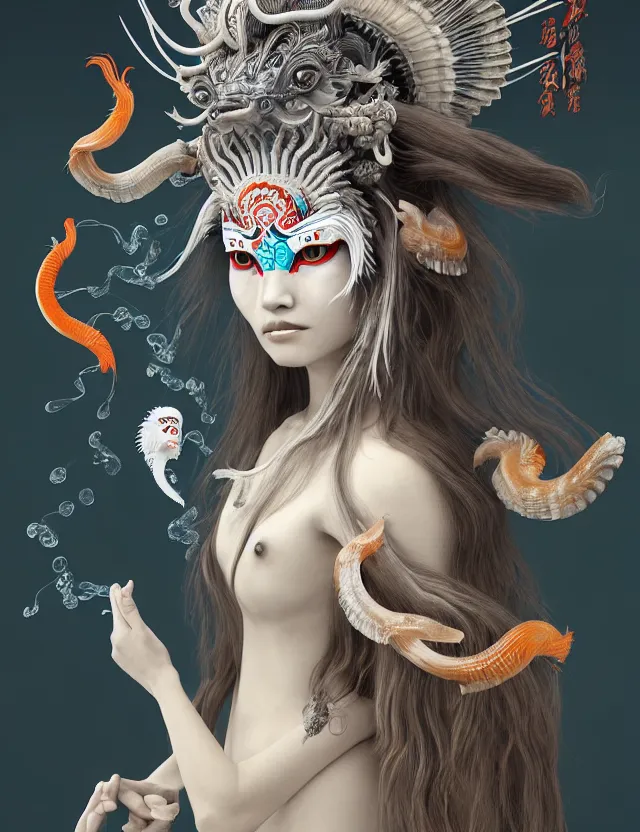 Image similar to 3 d slvic goddess half - turn portrait with long hair with ram skull. beautiful intricately detailed japanese crow kitsune mask and clasical japanese kimono. betta fish, jellyfish phoenix, bio luminescent, plasma, ice, water, wind, creature, artwork by tooth wu and wlop and beeple and greg rutkowski