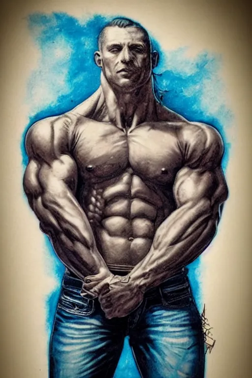 Image similar to Portrait of frontal standing pose torso of a very attractive muscular man in old blue jeans. Heavily all his skin is covered by Mayan BIKER tattoos, surrounded by magic lightings overlays, Intricate, concept art, magic lighting overlays, magical portal opened, D&D!, fantasy style, sharp focus!, ultra detailed, art by Artgerm and Peter Andrew Jones, WLUP, Magali Villeneuve