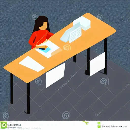 Image similar to isometric flat art of a person writing at a desk smiling