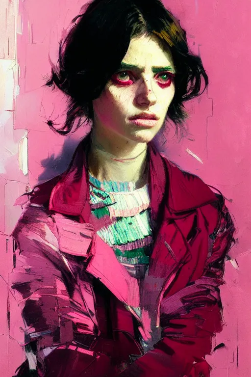 Prompt: portrait of a beautiful sad girl, dark hair, shades of pink, beautiful face, rule of thirds, intricate outfit, spotlight, by greg rutkowski, by jeremy mann, by francoise nielly, by van gogh, digital painting