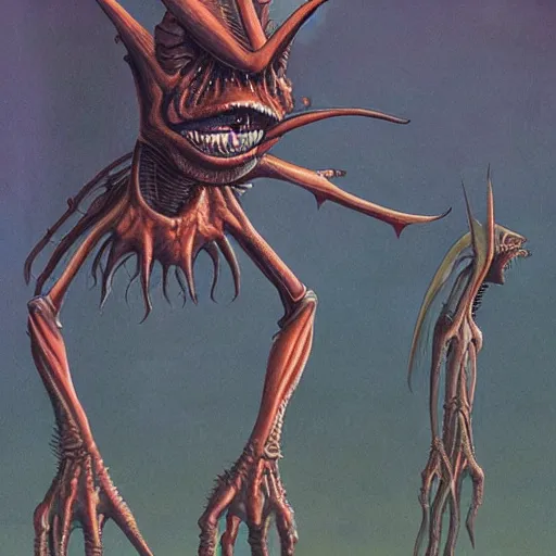 Image similar to aliens from the second edition of barlowe's guide to extraterrestrials, highly detailed, photorealistic, artstation, highly detailed, oil painting, dramatic lighting, award - winning, accurate anatomy