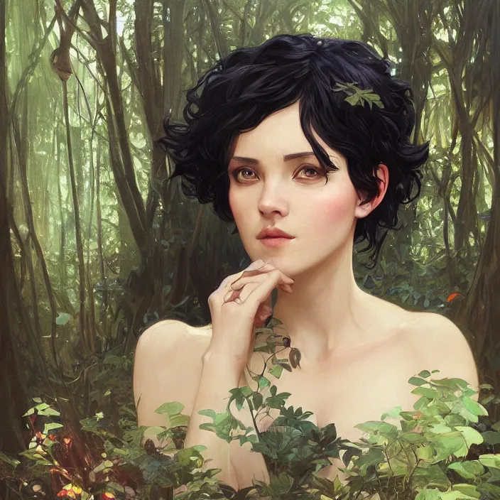 Image similar to portrait of short black hair woman in forest glade by artgerm, greg rutkowski, alphonse mucha, 8 k