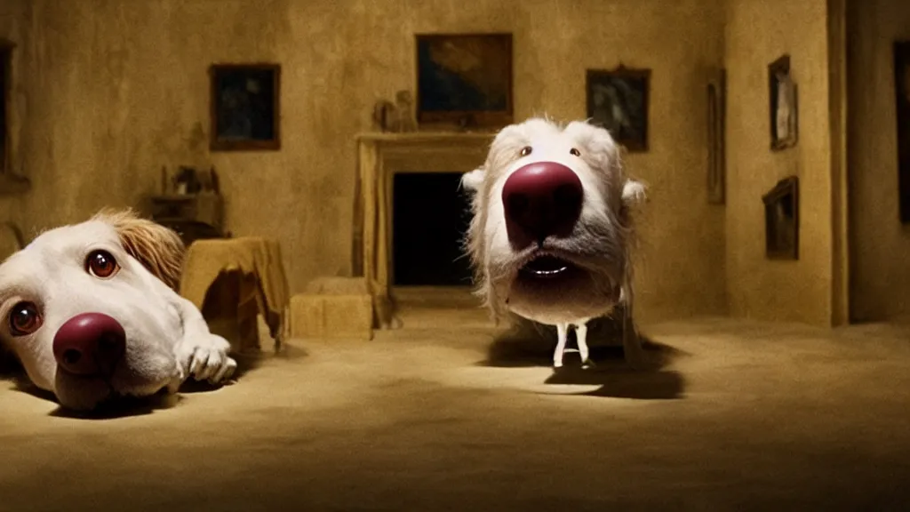 Prompt: the strange dog in the attic, made of wax and water, film still from the movie directed by Denis Villeneuve with art direction by Salvador Dalí, wide lens