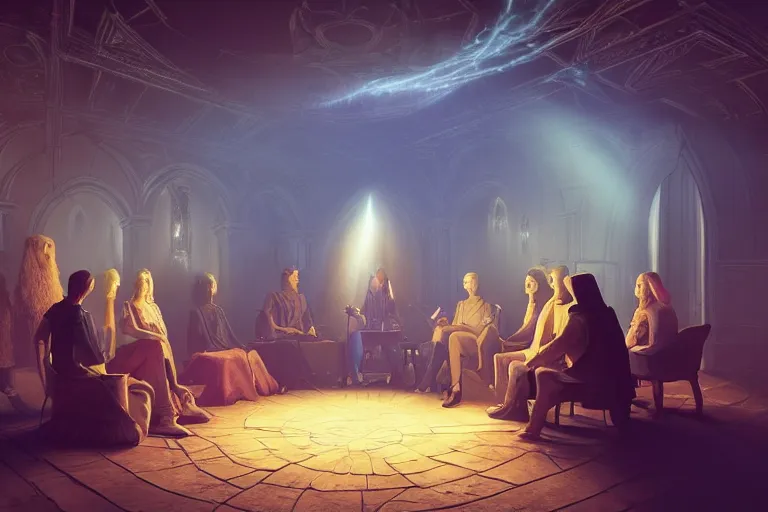 Prompt: cultist secret meeting taking place in a basement of a victorian mansion. incredible voluminous indirect soft glow cinematic lighting, hyperdetailed features, movie still, intricate, octane render, unreal engine, crepuscular rays, god rays, by beeple and rhads and donato giancola