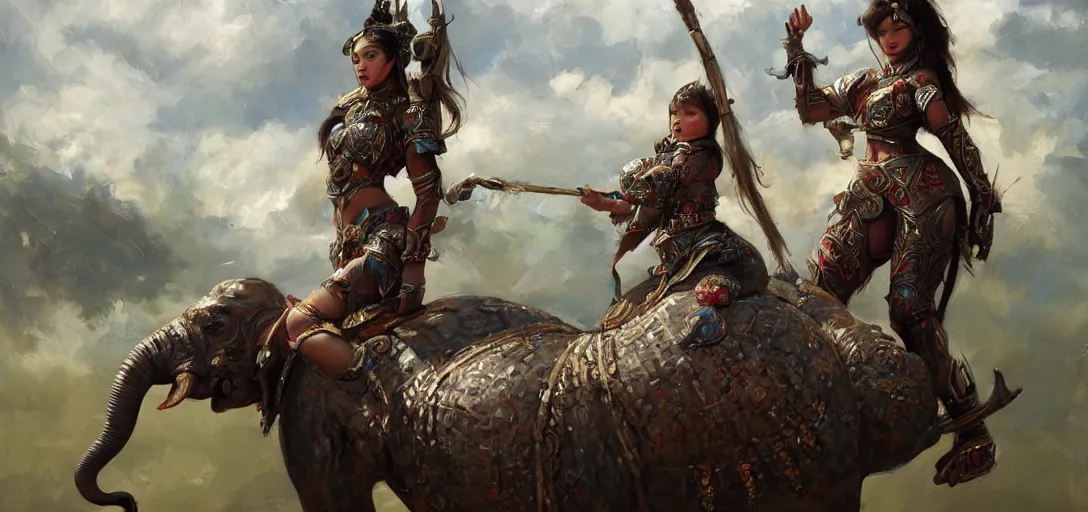 Prompt: curvy asian tribal armor girl sitting on a war elephant by daniel gerhartz, trending on art station