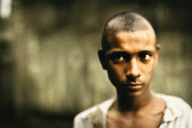 Image similar to a closeup cinematic!! headshot photograph!! of a male, stood in a factory, dirt, film still, cinematic lighting, by bill henson