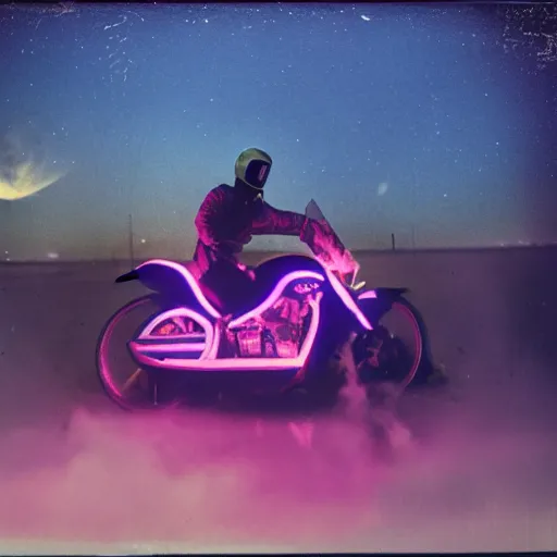 Image similar to photograph of a motorcycle floating in space inside magic colorful glowing fog, starry sky, tranquil, desolate, atmospheric, hazy, autochrome